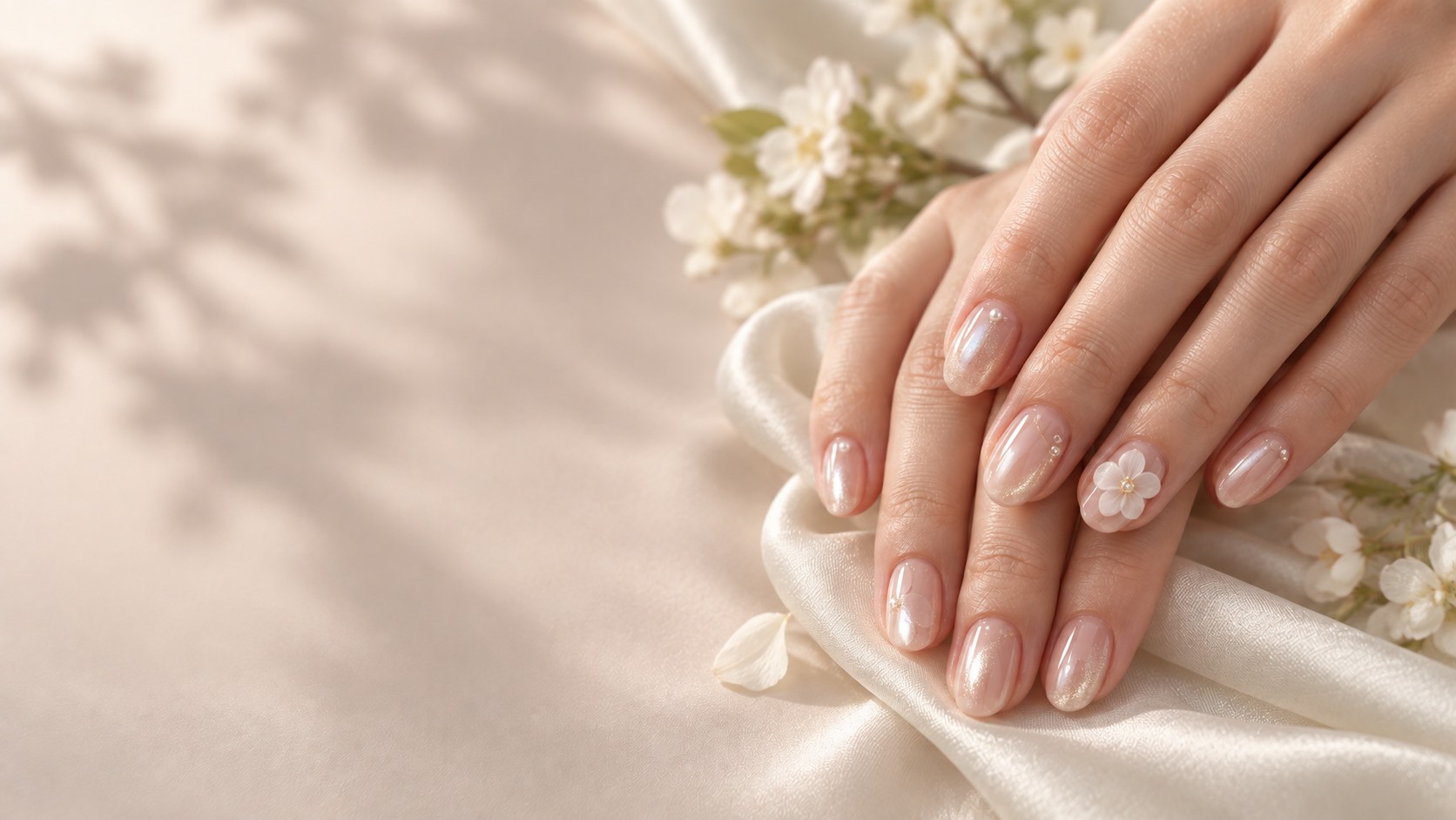 Pearlescent neutral Japanese-inspired manicure with a translucent flower accent