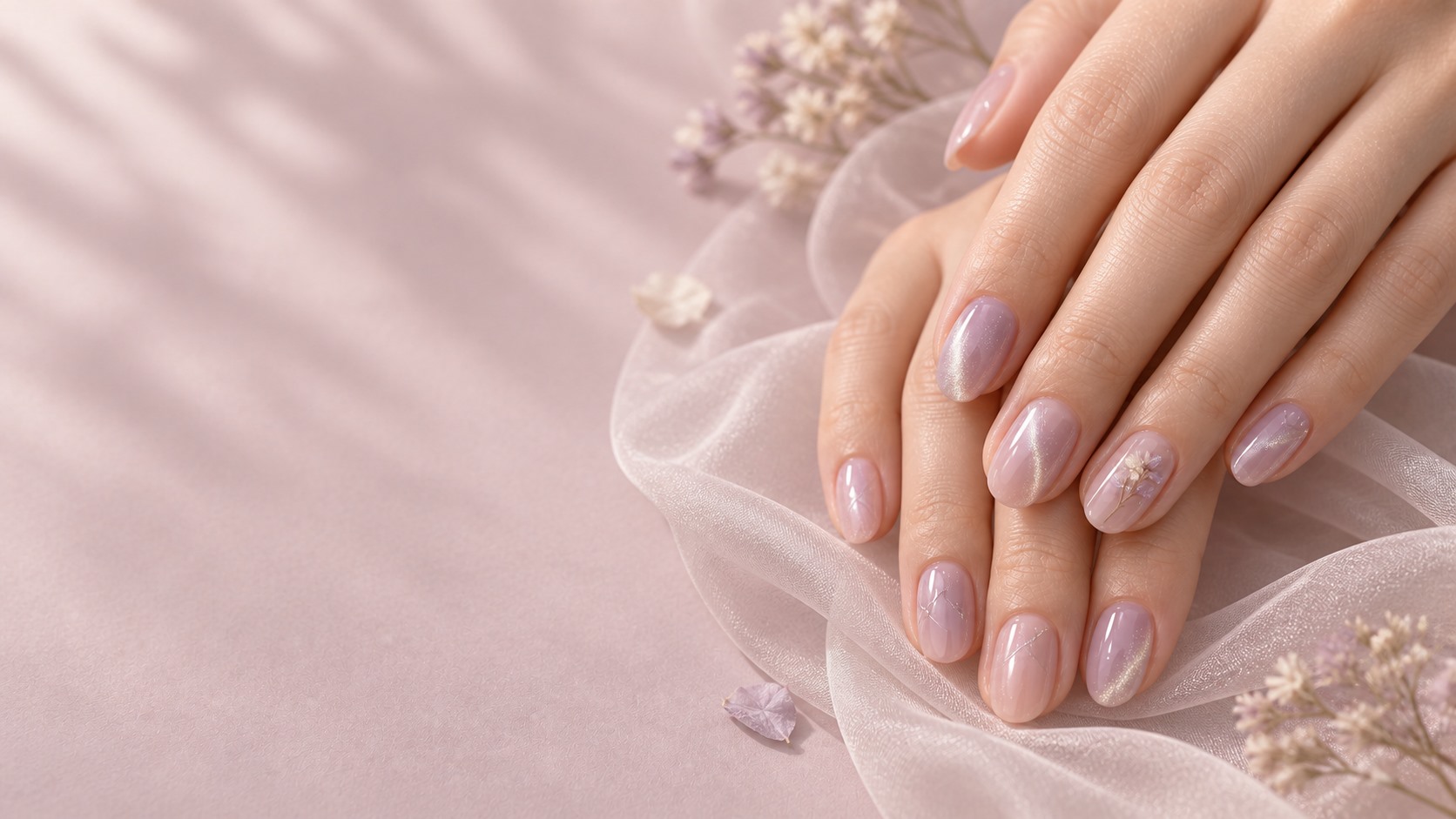Muted lavender cat-eye Japanese-inspired manicure with botanical details